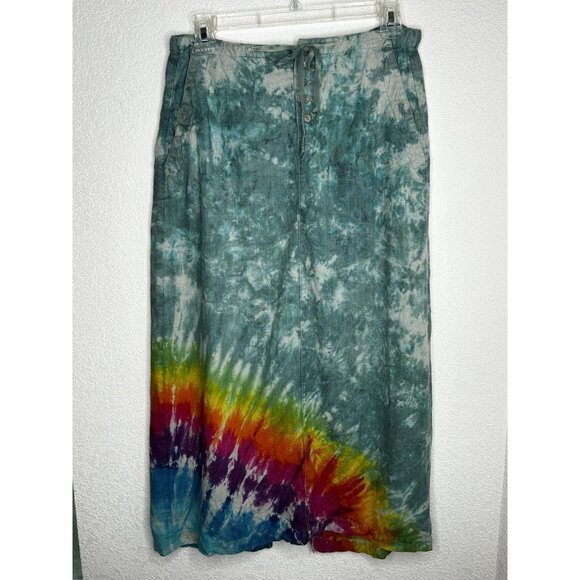 Eddie Bauer Skirt Womens 2 Green Tie Dye Linen Button Front Drawstring Pockets - Picture 1 of 11